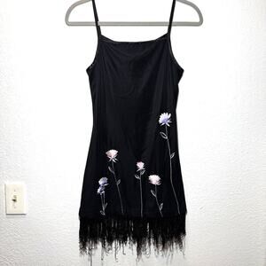 Vintage Y2K City Triangles Mini Dress Floral Embroidered Fringe Romantic Sz S
